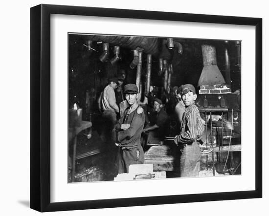 Young Boys Working at Midnight in Indiana Glassworks.-null-Framed Premium Photographic Print