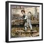 Young Carpenter's Apprentice Planing a Block of Wood, 1800s-null-Framed Giclee Print