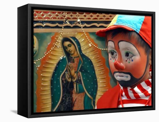 Young Clown, "Bolillito," Stands Next to an Image of the Virgin of Guadalupe in Mexico City-null-Framed Stretched Canvas