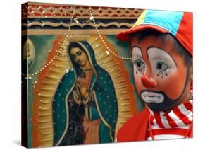 Young Clown, "Bolillito," Stands Next to an Image of the Virgin of Guadalupe in Mexico City-null-Stretched Canvas