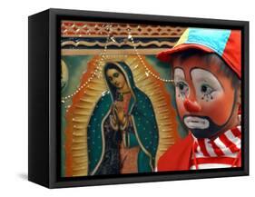 Young Clown, "Bolillito," Stands Next to an Image of the Virgin of Guadalupe in Mexico City-null-Framed Stretched Canvas