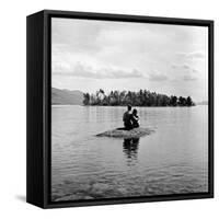 Young Couple Embracing on Small Rock Protruding from the Waters of Lake George-Nina Leen-Framed Stretched Canvas