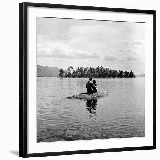 Young Couple Embracing on Small Rock Protruding from the Waters of Lake George-Nina Leen-Framed Photographic Print