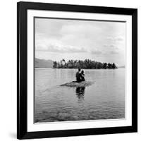 Young Couple Embracing on Small Rock Protruding from the Waters of Lake George-Nina Leen-Framed Photographic Print