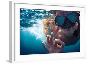 Young Couple Having Fun Underwater and Showing Ok Sign-Dudarev Mikhail-Framed Photographic Print