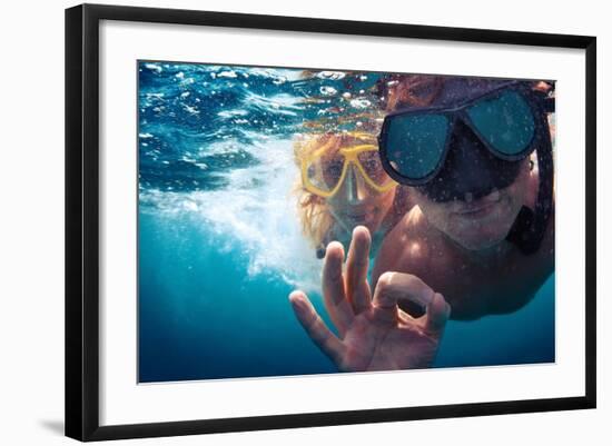 Young Couple Having Fun Underwater and Showing Ok Sign-Dudarev Mikhail-Framed Photographic Print