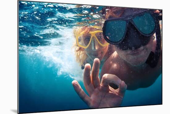 Young Couple Having Fun Underwater and Showing Ok Sign-Dudarev Mikhail-Mounted Photographic Print