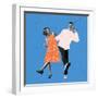 Young Couple of Dancers Dressed in 70S, 80S Fashion Style Dancing Rock-And-Roll on Blue Background-master1305-Framed Photographic Print