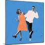 Young Couple of Dancers Dressed in 70S, 80S Fashion Style Dancing Rock-And-Roll on Blue Background-master1305-Mounted Photographic Print