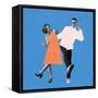 Young Couple of Dancers Dressed in 70S, 80S Fashion Style Dancing Rock-And-Roll on Blue Background-master1305-Framed Stretched Canvas