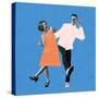 Young Couple of Dancers Dressed in 70S, 80S Fashion Style Dancing Rock-And-Roll on Blue Background-master1305-Stretched Canvas