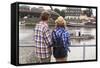 Young Couple on a Journey to Europe, Standing on the Bank of the Vistula, Rear View.-De Visu-Framed Stretched Canvas