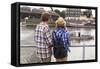 Young Couple on a Journey to Europe, Standing on the Bank of the Vistula, Rear View.-De Visu-Framed Stretched Canvas