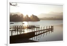 Young Couple on Pier, Sunset, Derwent Water, Cumbria, UK-Peter Adams-Framed Photographic Print