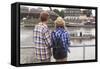 Young Couple on the River Bank in a European City (Rear View) Romantic Journey.-De Visu-Framed Stretched Canvas