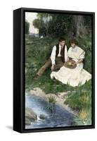 Young Couple Seated by a Brook, Early 1900s-null-Framed Stretched Canvas