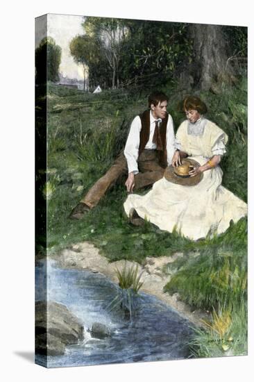 Young Couple Seated by a Brook, Early 1900s-null-Stretched Canvas