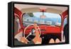 Young Couple Tavelling on Coast Road in Retro Car-Nikola Knezevic-Framed Stretched Canvas