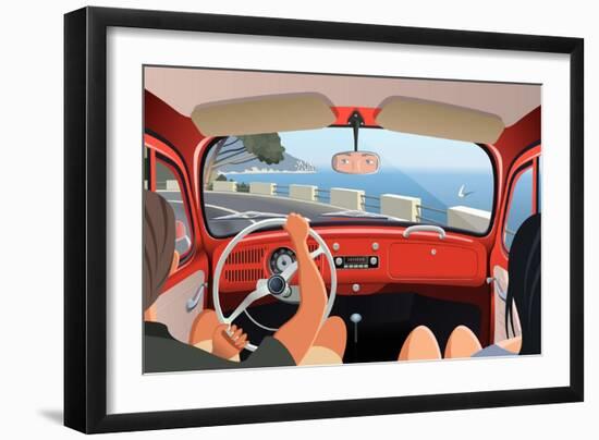 Young Couple Tavelling on Coast Road in Retro Car-Nikola Knezevic-Framed Art Print