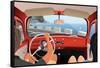 Young Couple Tavelling on Coast Road in Retro Car-Nikola Knezevic-Framed Stretched Canvas