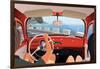 Young Couple Tavelling on Coast Road in Retro Car-Nikola Knezevic-Framed Art Print