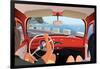 Young Couple Tavelling on Coast Road in Retro Car-Nikola Knezevic-Framed Art Print