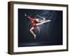 Young Cute Woman In Gymnast Suit Show Athletic Skill On Black Background-Sergey Nivens-Framed Art Print