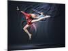 Young Cute Woman In Gymnast Suit Show Athletic Skill On Black Background-Sergey Nivens-Mounted Art Print