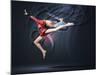 Young Cute Woman In Gymnast Suit Show Athletic Skill On Black Background-Sergey Nivens-Mounted Art Print