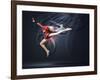 Young Cute Woman In Gymnast Suit Show Athletic Skill On Black Background-Sergey Nivens-Framed Art Print