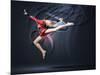 Young Cute Woman In Gymnast Suit Show Athletic Skill On Black Background-Sergey Nivens-Mounted Art Print