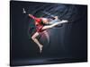 Young Cute Woman In Gymnast Suit Show Athletic Skill On Black Background-Sergey Nivens-Stretched Canvas