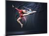 Young Cute Woman In Gymnast Suit Show Athletic Skill On Black Background-Sergey Nivens-Mounted Art Print