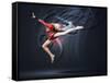 Young Cute Woman In Gymnast Suit Show Athletic Skill On Black Background-Sergey Nivens-Framed Stretched Canvas