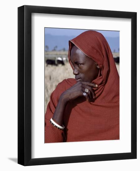 Young Datoga Man Tends His Family's Livestock on Plains East of Lake Manyara in Northern Tanzania-Nigel Pavitt-Framed Photographic Print