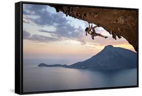 Young Female Rock Climber at Sunset, Kalymnos Island, Greece-photobac-Framed Stretched Canvas