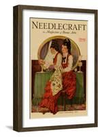 Young Gilr Embroiders a Patterned Fabric-Needlecraft Magazine-Framed Art Print