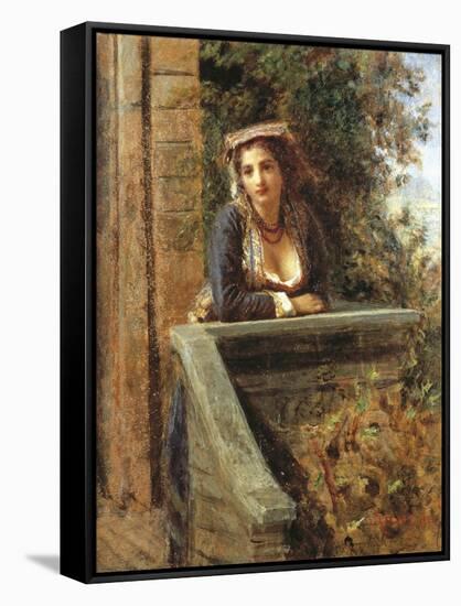 Young Girl at Window or Young Woman on Balcony-Daniele Ranzoni-Framed Stretched Canvas