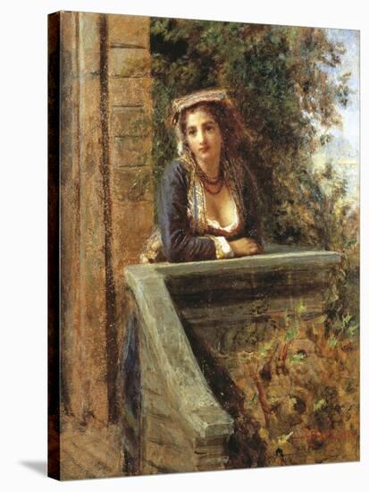 Young Girl at Window or Young Woman on Balcony-Daniele Ranzoni-Stretched Canvas