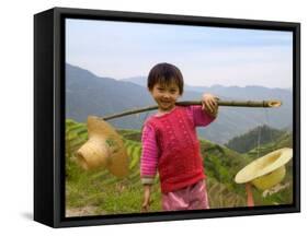 Young Girl Carrying Shoulder Pole with Straw Hats, China-Keren Su-Framed Stretched Canvas