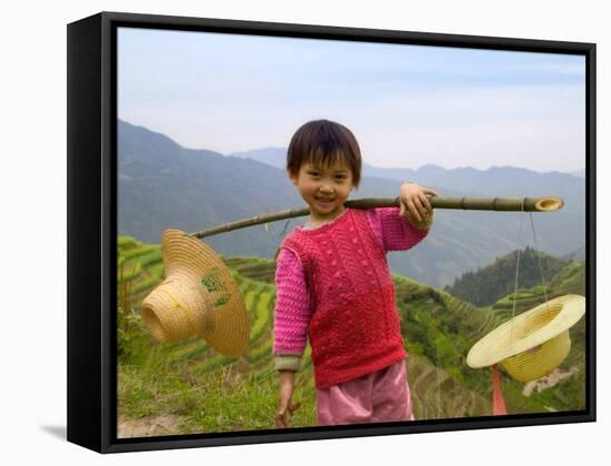 Young Girl Carrying Shoulder Pole with Straw Hats, China-Keren Su-Framed Stretched Canvas