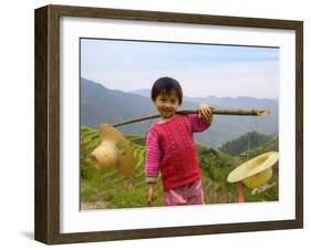 Young Girl Carrying Shoulder Pole with Straw Hats, China-Keren Su-Framed Photographic Print