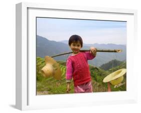 Young Girl Carrying Shoulder Pole with Straw Hats, China-Keren Su-Framed Photographic Print