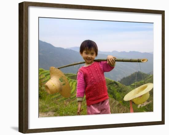 Young Girl Carrying Shoulder Pole with Straw Hats, China-Keren Su-Framed Photographic Print