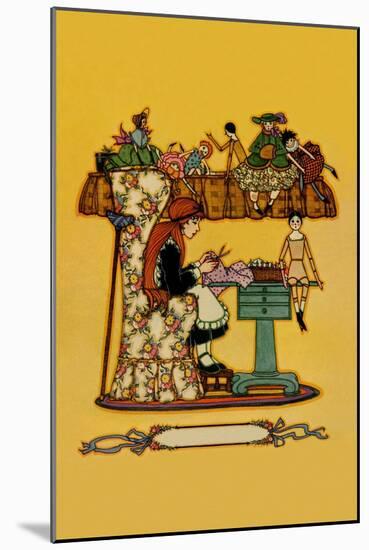 Young Girl Cuts Patterns For a Collection of Dolls-null-Mounted Art Print