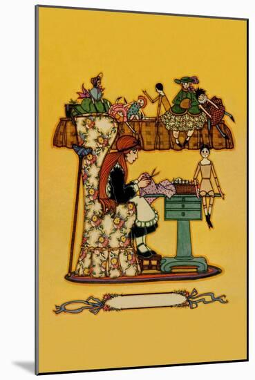 Young Girl Cuts Patterns For a Collection of Dolls-null-Mounted Art Print