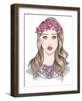 Young Girl Fashion Illustration. Girl with Flowers in Her Hair and Statement Necklace-cherry blossom girl-Framed Art Print