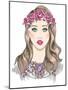 Young Girl Fashion Illustration. Girl with Flowers in Her Hair and Statement Necklace-cherry blossom girl-Mounted Art Print