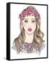 Young Girl Fashion Illustration. Girl with Flowers in Her Hair and Statement Necklace-cherry blossom girl-Framed Stretched Canvas