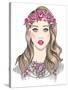 Young Girl Fashion Illustration. Girl with Flowers in Her Hair and Statement Necklace-cherry blossom girl-Stretched Canvas